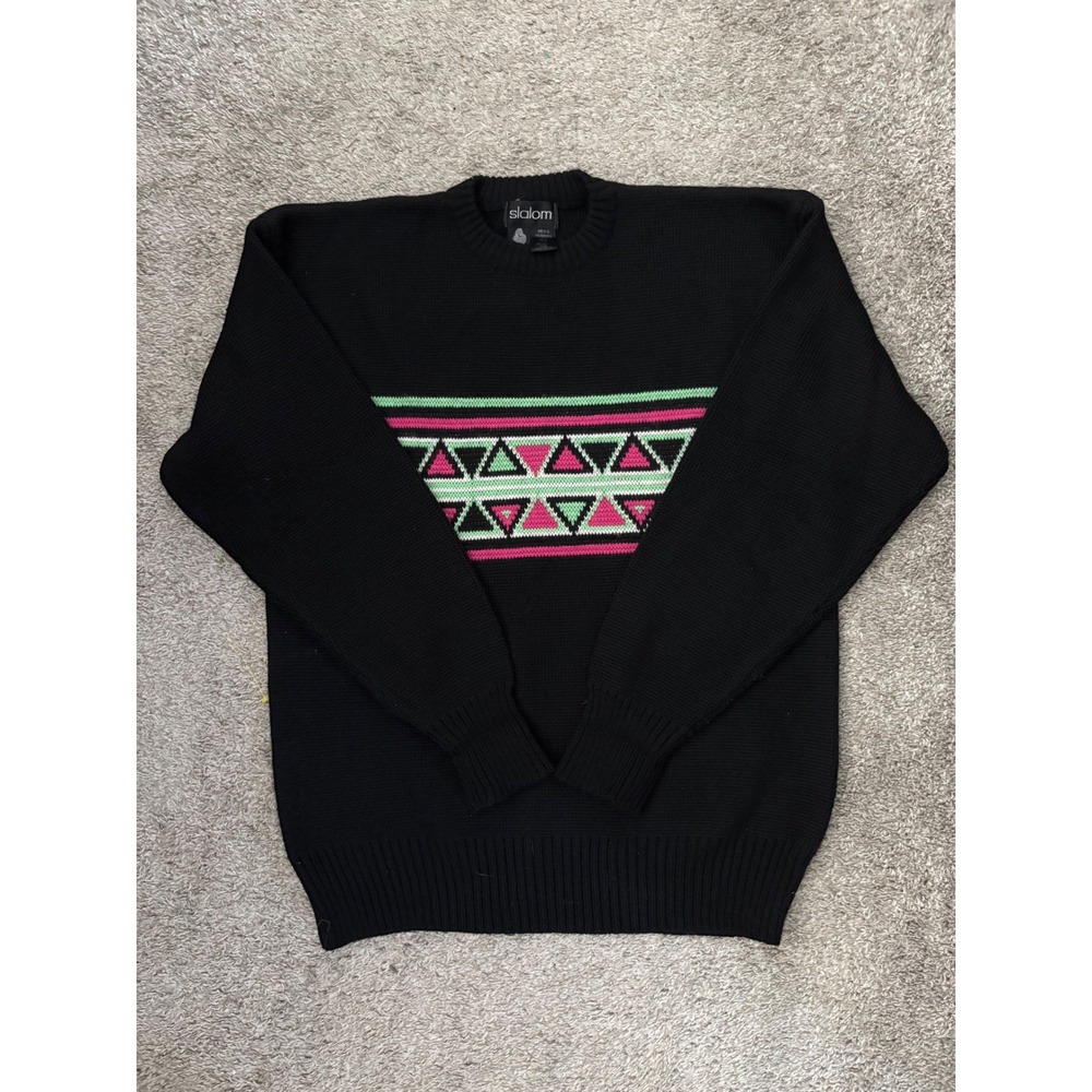 Slalom Vintage 80's Mens Wool Sweater Crew Neck Black Pink Green Geometric L